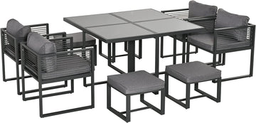 Nine-Piece Aluminium Garden Set, with Glass-Top Table - Grey