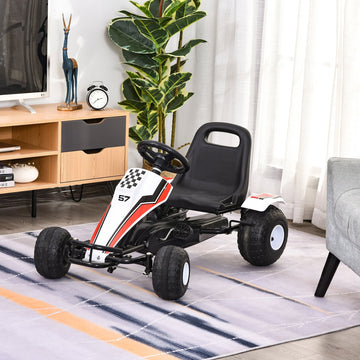 Kids Children Pedal Go Kart Manual Ride On Car w/ Brake Gears Steering Wheel Adjustable Seat 4 Smooth Wheels Racing-Style White 104 x 66 x 57 cm