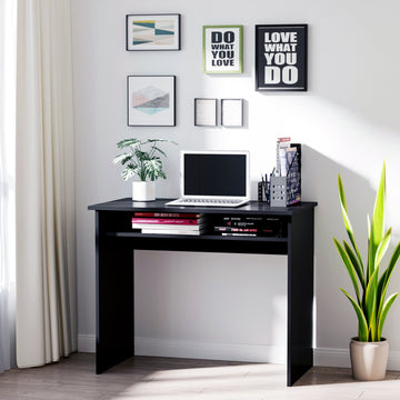 Modern Computer Desk, Home Office Table, Small Writing Desk with Storage Shelf, 90 x 50cm, Black Wood Grain