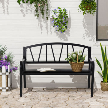 2-Seater Garden Bench Metal Loveseat w/ Decorative Backrest Ergonomic Armrest