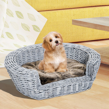Wicker Pet Bed Willow Dog Cat Sofa Couch Puppy Basket with Cushion Grey 57L x 46W x 17.5H cm
