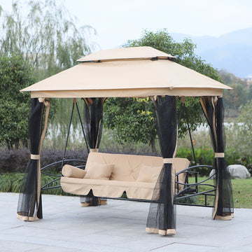 3 Seater Swing Chair 3-in-1 Convertible Garden Swing Seat Bed Gazebo Patio Bench Outdoor with Double Tier Canopy, Cushioned Seat, Mesh Sidewalls, Beige