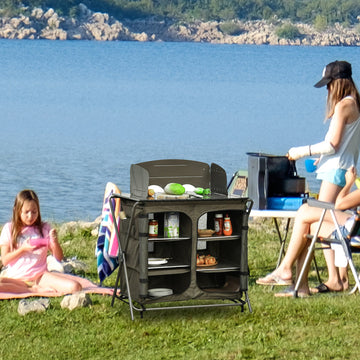 Camping Cupboard Foldable Camping Kitchen Storage Unit w/ Windshield & 6 Shelves for BBQ Party Picnics Backyards with Carrying Bag