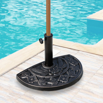 9kg Resin Parasol Base, Half Round Umbrella Stand with Floral Design for Garden, Outdoor, Suitable Umbrella Rod: Φ3.8cm, Φ4.8cm, Bronze Tone