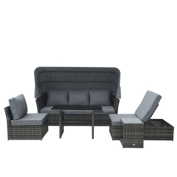 5 PCS Outdoor Rattan Wicker Sofa Sets Reclining Sofa Adjustable Canopy & Side Table Dining Table Set Sectional Conversation Furniture w/ Cushions, Mixed Grey