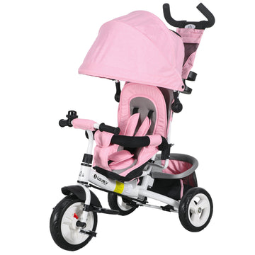6 in 1 Kids Trike with Parent Handle, Canopy, 5-point Safety Belt, Storage, Footrest, Brake, for 1-5 Years, Pink