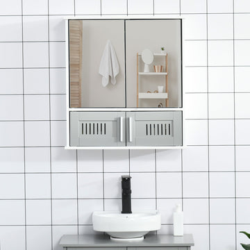 Bathroom Mirror Cabinet, Wall Mounted Storage Cupboard with Double Doors and Adjustable Shelf, Bathroom Organizer, Grey