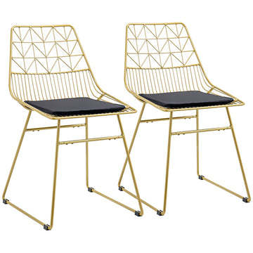 Luxurious Dining Chairs Set of 2, Metal Wire Kitchen Chair with Removable Velvet-feel Cushion, Cut-out Back and Steel Frame for Dining Room, Gold Tone