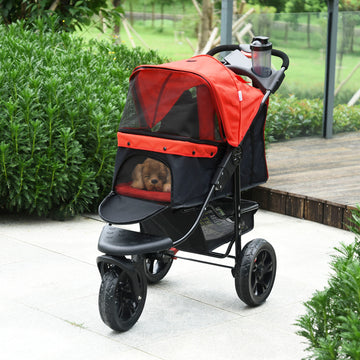 Dog Pram Dog Stroller Pet Stroller, 3 Wheels Dog Pushchair with Brake, for Small Miniature Dogs, Cats, Red