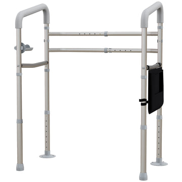 Free Standing Toilet Frame, Height and Width Adjustable Toilet Safety Frame with Arms, 2 Additional Suction Cups, Storage for Elderly, Disabled, Handrail Grab Bar, 136kg Weight Capacity