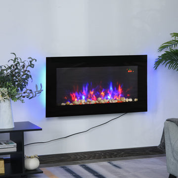 LED Wall Mounted Fireplace Curved Glass Electric Fire Place for Living Room, 1000W/2000W, 48H x 90.8W x 11.5Dcm, Black