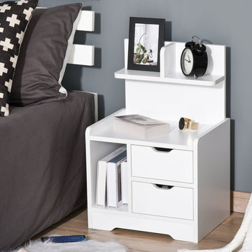 Bedside Table, Small Bedside Cabinet with 2 Drawers and Storage Shelves, Accent Table for Living Room, Bedroom, White