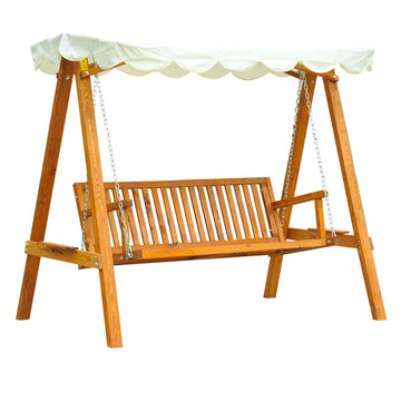 3 Seater Garden Swing Seat with Canopy, Wooden Swing Chair, Outdoor Hammock Bench for Balcony Patio Porch, Cream White