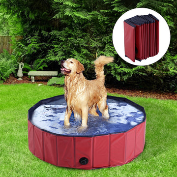 Foldable Dog Paddling Pool Pet Cat Swimming Pool Indoor/ Outdoor Collapsible Summer Bathing Tub Shower Tub Puppy Washer, Φ 100 x 30H cm, Red
