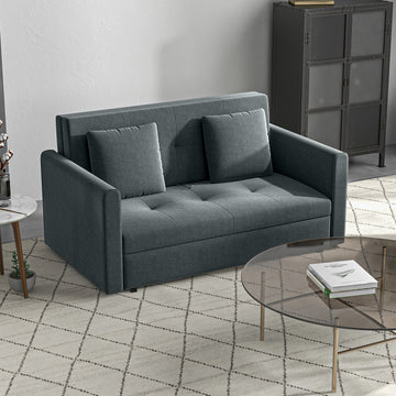 2 Seater Sofa Bed, Convertible Bed Settee, Modern Cotton Loveseat Sofa Couch with 2 Cushions, Hidden Storage for Living Room, Guest Room, Dark Grey