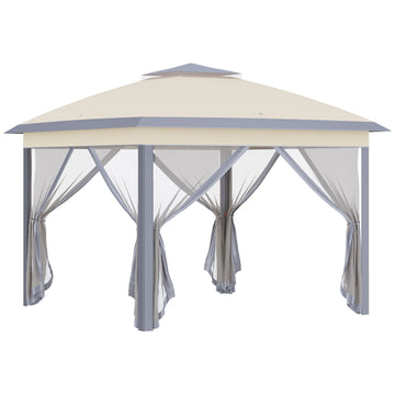 3.3 x 3.3m Pop Up Gazebo, Double Roof Foldable Canopy Tent with Zipped Mesh Sidewalls, Height Adjustable and Carrying Bag, Event Tent for Patio Garden, Beige