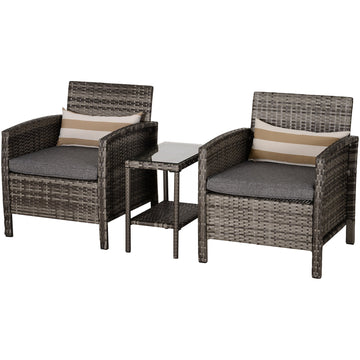 3 Pieces Rattan Bistro Set, Wicker Garden Furniture Set, Glass Top 2-tier Coffee Table and Chairs Set with Pillows and Washable Cushions for Outdoor, Patio, Balcony, Grey