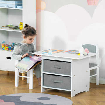 3 Pcs Kids Table & Chairs Set Mini Seating Furniture Home Playroom Bedroom Dining Room w/ Storage Drawers Safe Corners for 2-4 Years old White