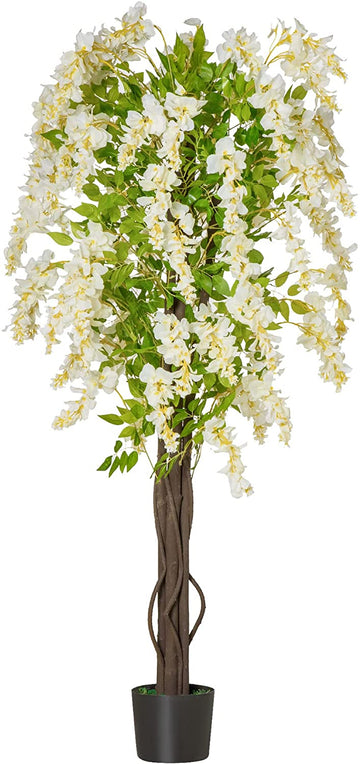 Artificial Realistic White Wisteria Tree Faux Decorative Plant in Nursery Pot for Indoor Outdoor Décor, 160cm