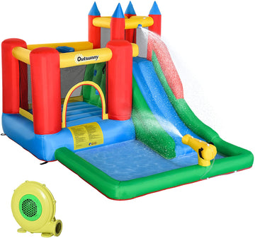 Kids Inflatable Bouncy Castle Water Slide 6 in 1 Bounce House Jumping Castle Water Pool Gun Climbing Wall Basketball Hoop with Air Blower for Summer Playland
