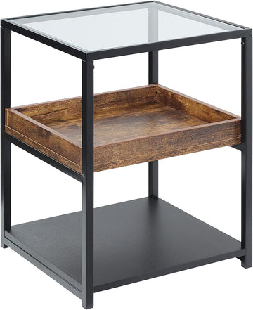 Industrial Side Table, 3-Tier End Table with Glass Top, Storage Shelves, Nightstand with Steel Frame for Bedroom, Living Room, Rustic Brown