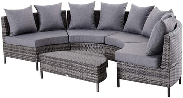 5 Pieces Rattan Garden Furniture Set, 4 Seater Half-Round Garden Sofa Set with Thickened Cushions, Wicker Conservatory Furniture with 4 Chairs, Rattan Coffee Table and Pillows, Grey