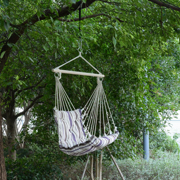 Outdoor Hanging Rope Chair with Soft Padded Seat & Backrest, Garden Hammock Chair with Wooden Support Bar Cotton Cloth, Portable Garden Chair for Patio & Tree, Brown