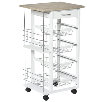 Rolling Kitchen Cart, Utility Storage Cart with 4 Basket Drawers & Side Racks, Wheels for Dining Room, Natural and White