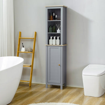Bathroom Floor Storage Cabinet with 3 Tier Shelf and Cupboard with Door, Free Standing Linen Tower, Tall Slim Side Organizer Shelves, Grey
