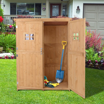 Wooden Garden Shed with Two Windows, Tool Storage Cabinet, Outdoor Double Door Organizer 127.5L x 50W x 164H cm, Natural