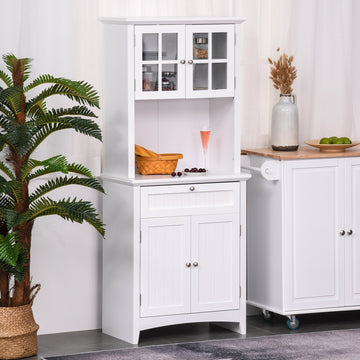 Kitchen Cupboard, Wooden Storage Cabinet with Framed Glass Door, Drawer, Microwave Space for Dining and Living Room, White