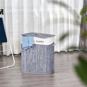 100L Collapsible Natural Wood Laundry Hamper Organizer Clothes Washing Basket Bin Storage Box w/Lid Removable Lining 52x32x63cm, Grey