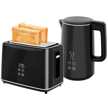 Digital Kettle and Toaster Set, 1.5L 3000W Fast Boil Kettle, 2 Slice Toaster Kitchen Set with 7 Level Browning Controls, Defrost, Reheat, Keep Warm, Crumb Tray and LED Touch Display, Black