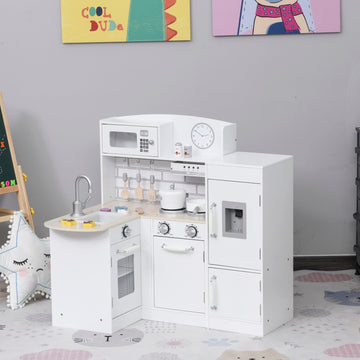 Kids Play Kitchen Wooden Toy Kitchen Cooking Set for Children with Drinking Fountain, Microwave, and Fridge White