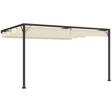 4 x 3(m) Outdoor Pergola Retractable Canopy Wall Mounted Gazebo Patio Shelter Sun Shade, Cream White