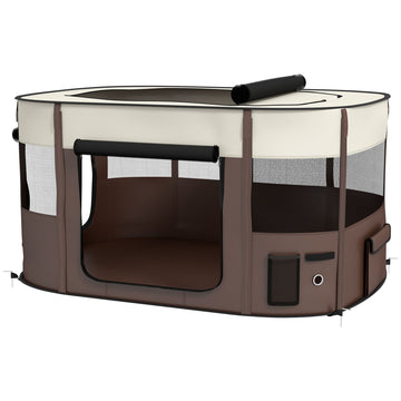 Foldable Dog Pen with Storage Bag for Indoor/Outdoor Use, Portable Pet playpen, with Ground Stakes - Brown