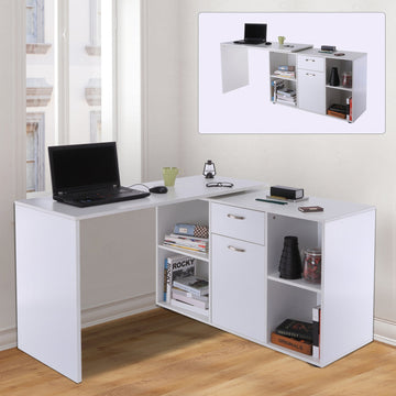 L-Shaped Computer Desk with Storage Compartments, Drawer and Cabinet, Laptop PC Corner Table, Home Office Workstation, 120 x 115 x 76cm, White