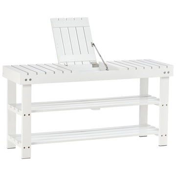 Shoe Bench, 3-Tier Wooden Shoe Rack with Hidden Storage Compartment, Slatted Shelves, Home Storage Unit, Hallway Furniture, White, 90L x 29W x45H cm