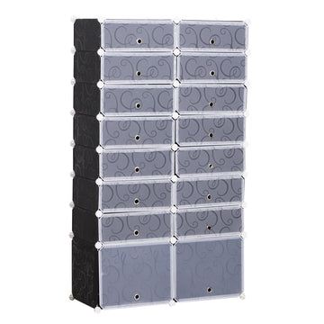 16 Cube Shoe Rack, 2 x 8 Tier Shoe Storage Cabinet, Modular Plastic Shelves for Bedroom, Living Room and Entryway, Space Saving Footwear Organizer, 32 Pairs, White and Black