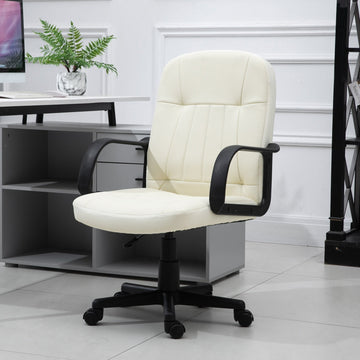 Swivel Executive Office Chair Home Mid Back PU Leather Computer Desk Chair for Adults with Arm, Wheels, Cream