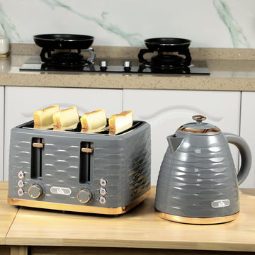 Kettle and Toaster Sets, 3000W 1.7L Rapid Boil Kettle & 4 Slice Toaster with 7 Browning Controls, Defrost, Reheat and Crumb Tray, Otter thermostat, Grey