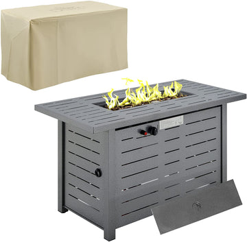 Propane Gas Fire Pit Table, 50000BTU Smokeless Firepit Outdoor Patio Heater with Protective Cover, Lava Rocks and Lid, 107cm x 51cm x 63cm, Silver Grey