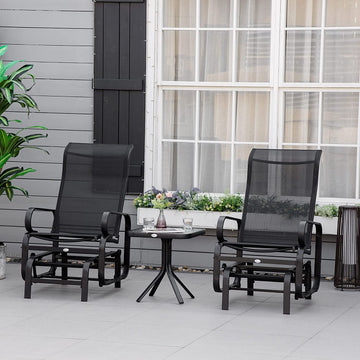 3 Pieces Garden Gliding Chair Set, Metal Frame 2 Single Armchair Swing Seater and 1 Glass Top Coffee Table w/ Breath Mesh Fabric Seat, Black