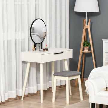 Dressing Table with Mirror and Stool, Vanity Makeup Desk Set with 2 Drawers, Cushioned Stool and Make-up Organizer for Bedroom and Dressing Room, White
