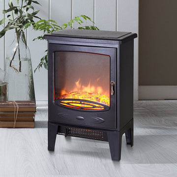 Tempered Glass Casing Electric Fireplace, Freestanding Electric Fire with Realistic Flame Effect, Log Burner with Overheat Protection, 950w/ 1850W, Black