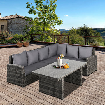 3 PCS PE Rattan Corner Dining Set Outdoor Garden Patio Sofa Table Furniture Set w/ Cushions Grey