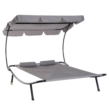 Double Hammock Sun Lounger Bed with Canopy Shelter, Wheels & 2 Pillows, Grey