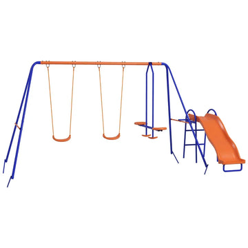 Four-In-One Metal Garden Swing Set, with Double Swings, Glider, Slider, Ladder - Orange and Blue