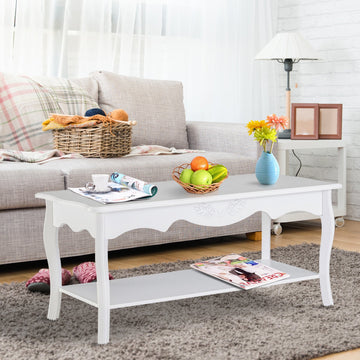 White Coffee Table Wood Cocktail Tea Centre Table with Storage Shelf for Living Room Reception Room, 94L x 44W x 42H cm