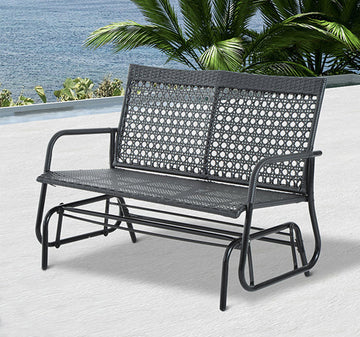 2 Seater PE Rattan Glider Bench, Outdoor Loveseat Chair with Steel Frame, Porch Rocking Glider for 2 Person with Armchair, High Back, Black